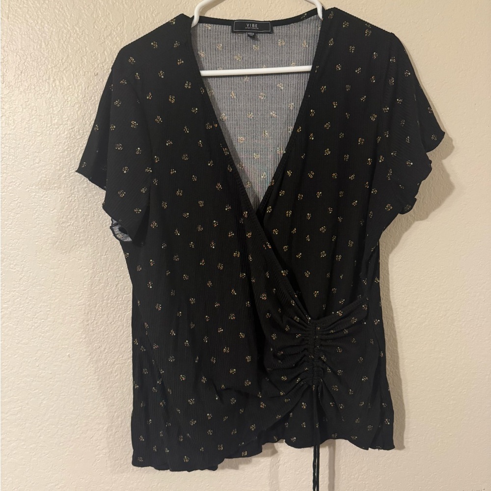 Black Floral Wrap Blouse